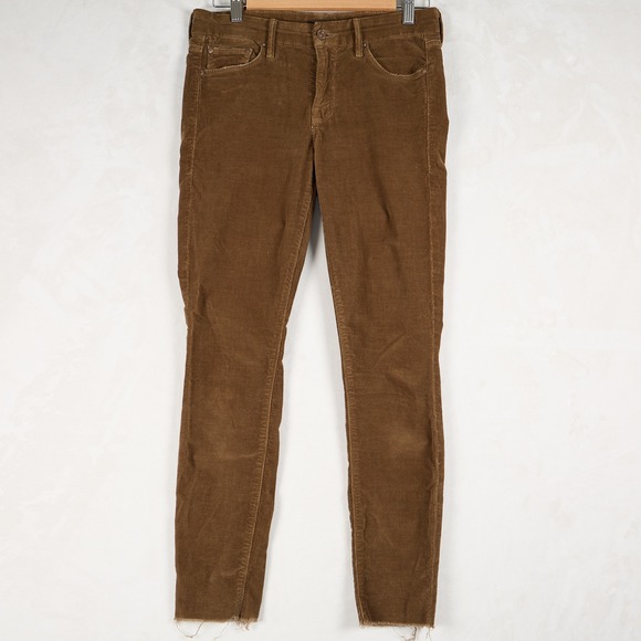 Mother Looker Ankle Fray Corduroy Pants Hopscotch Brown Womens 26 Skinny Raw Hem